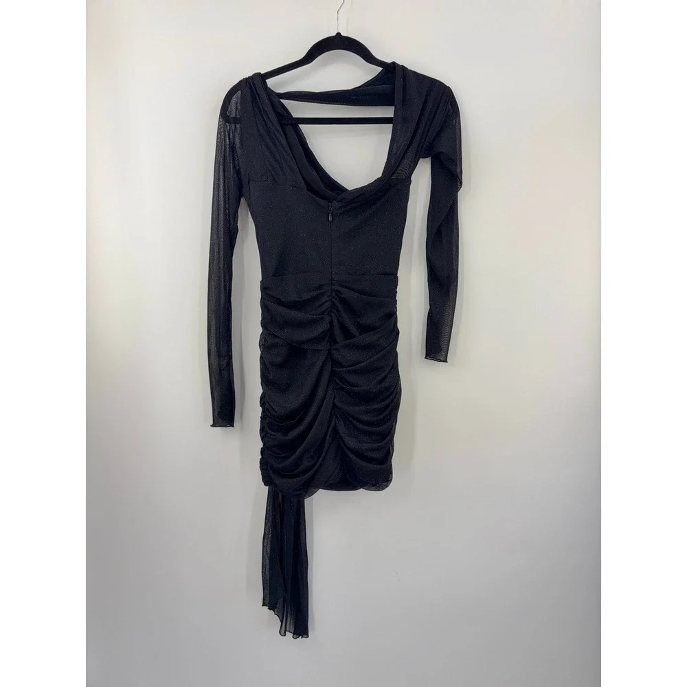 B41 House of CB Santa Mini Dress Small Black Glitter Ruched Bodycon Cutout - Picture 6 of 12